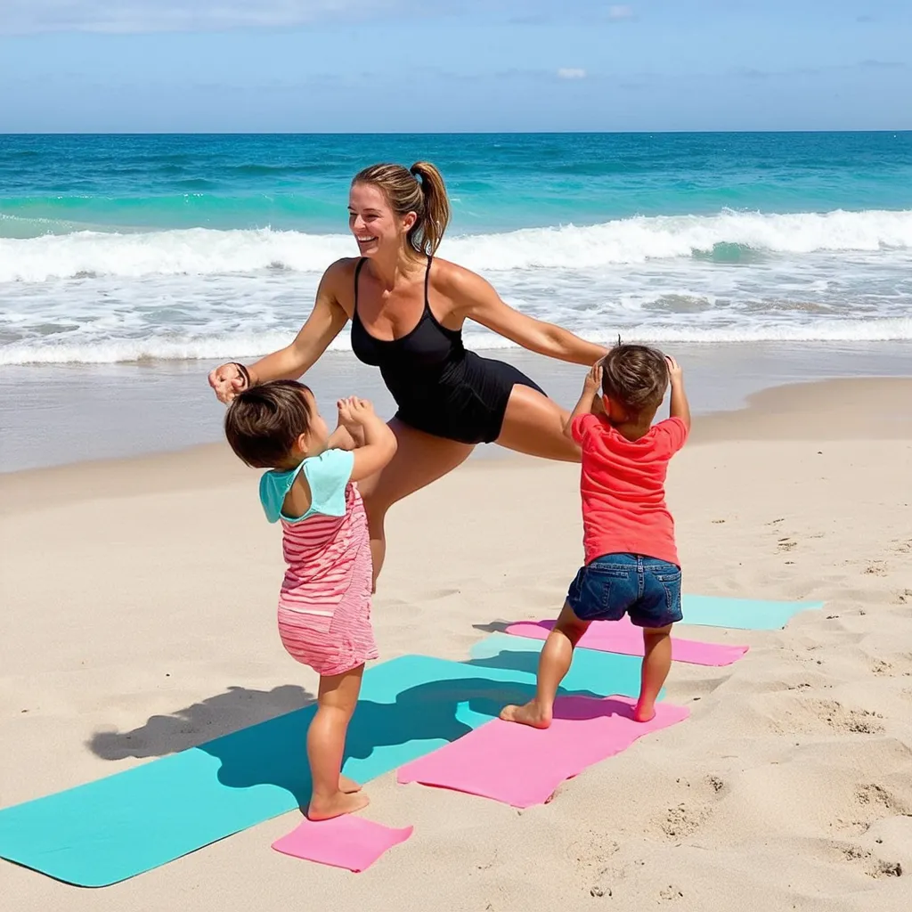 A sunny beach scene with a mother and children playing near the ocean waves, enjoying a day of seaside fun.
