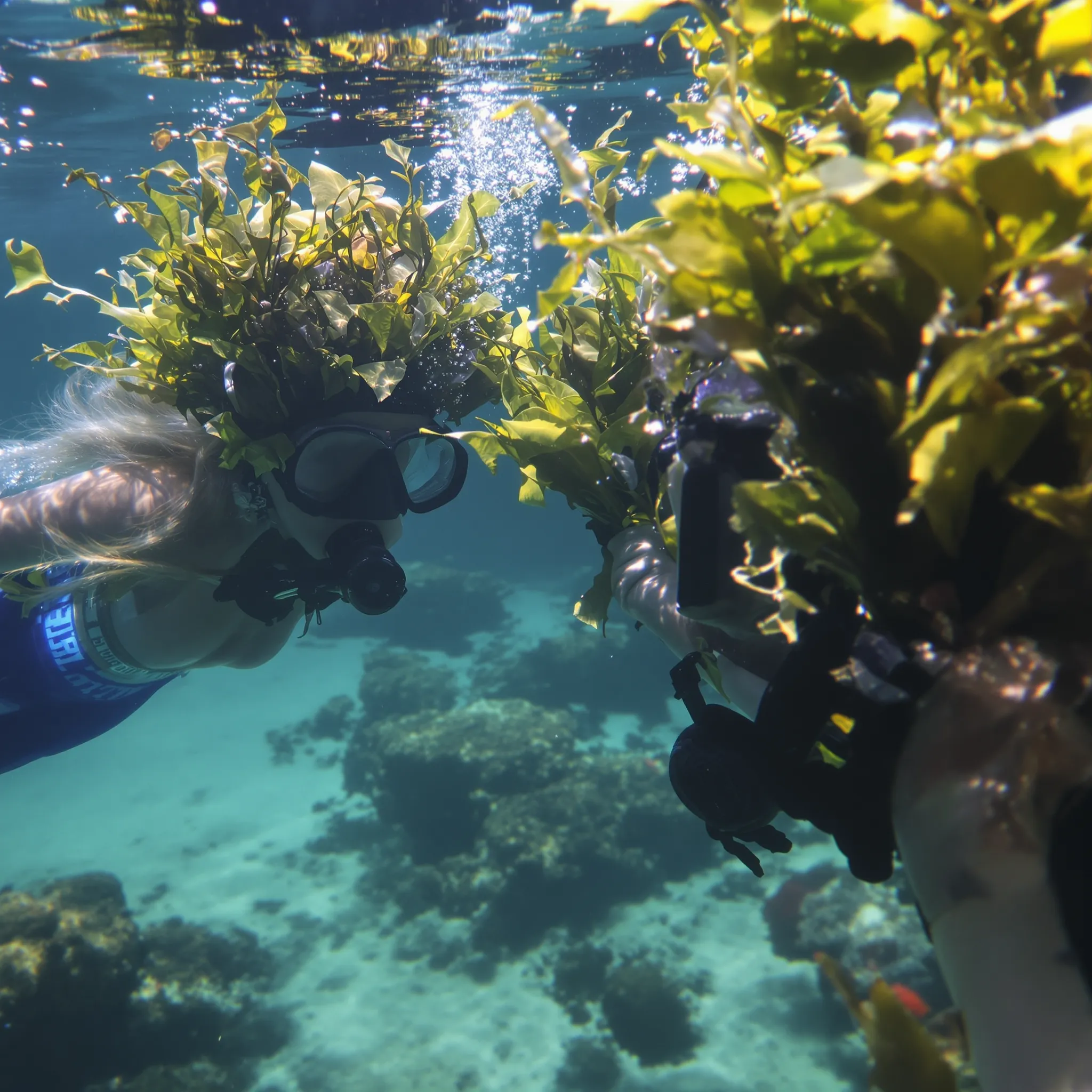 An underwater scene with a mother and child swimming amongst colorful coral and fish, suggesting a shared exploration of the marine world.