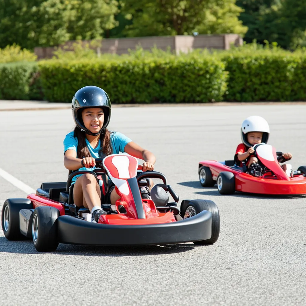 A brightly lit outdoor scene of a mother and child racing go-karts on a track, both wearing helmets and appearing to enjoy the speed and competition.