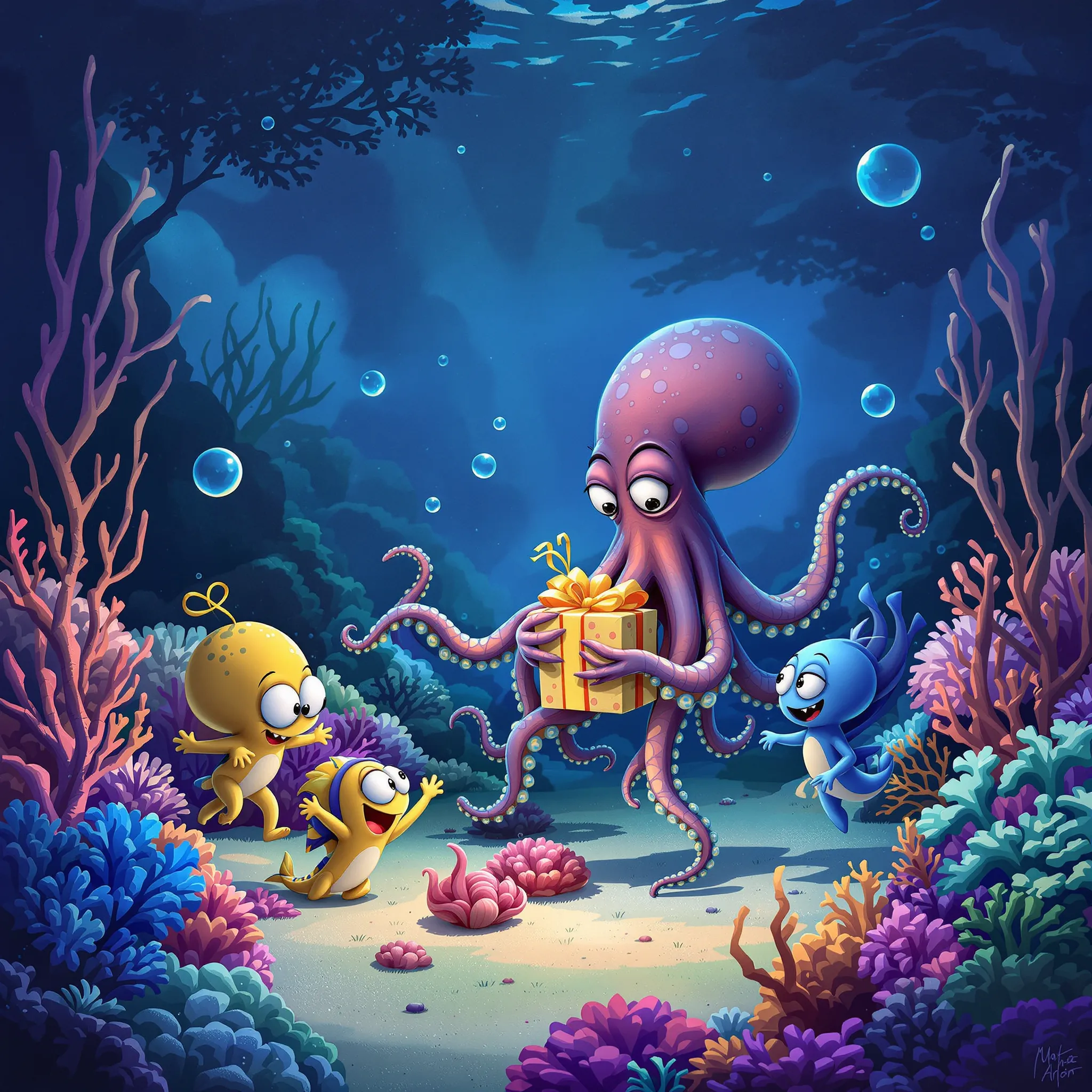 An imaginative underwater scene with a mother figure as a mermaid or sea creature interacting playfully with children and marine life, including an octopus.