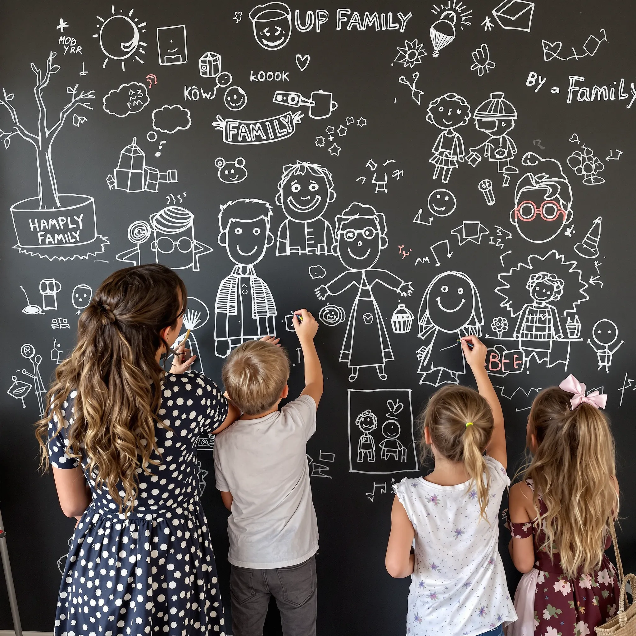 A softly lit indoor scene with a mother and several children looking at artwork or decorations on a wall, suggesting a shared appreciation for creativity and beauty.