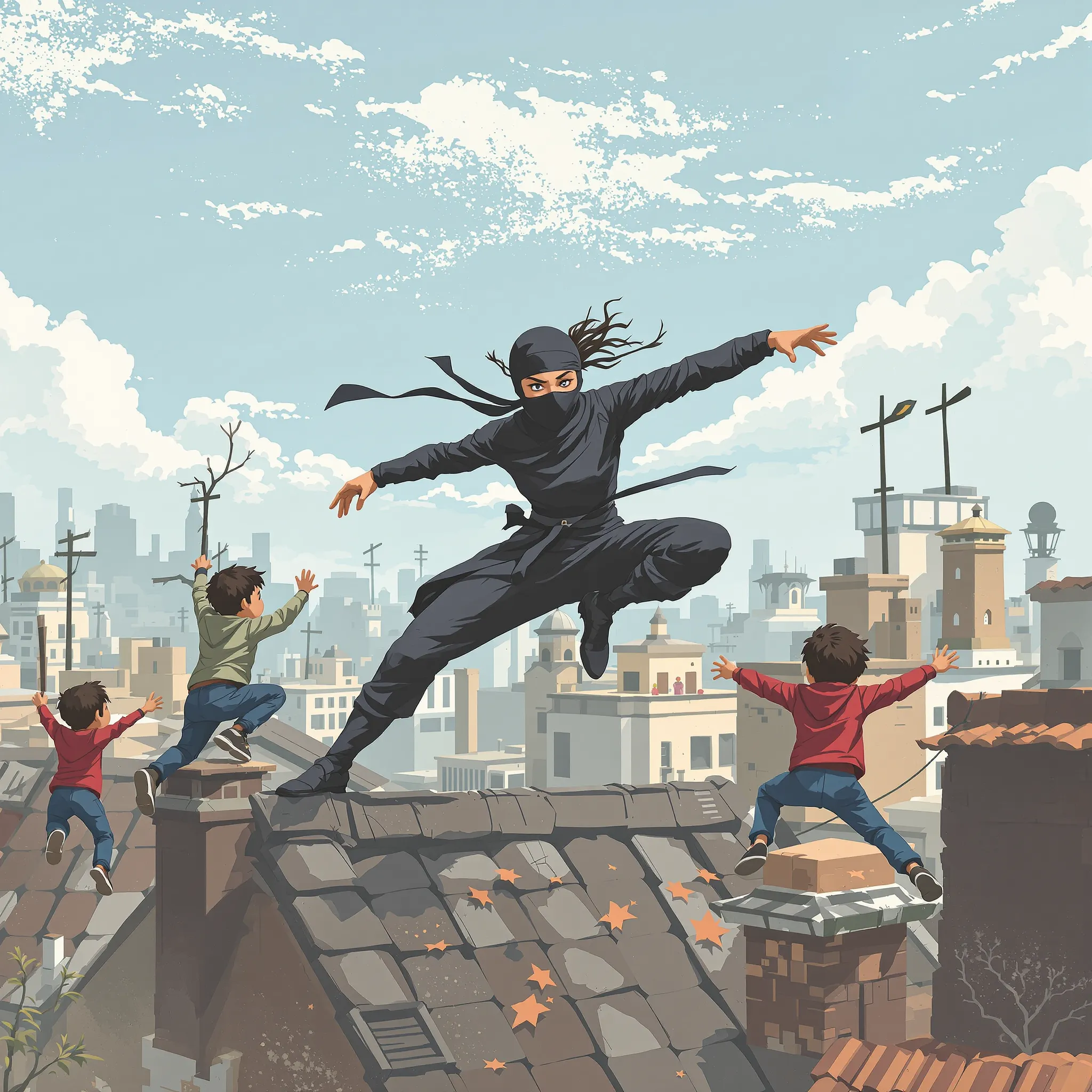 A dynamic and stylized image of a mother figure as a superhero or action character leaping with children in a cityscape setting.