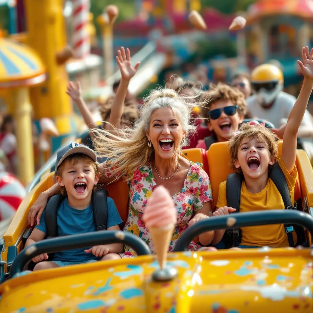A vibrant and blurred image of a mother and children riding a spinning amusement park ride, conveying excitement and shared thrills.