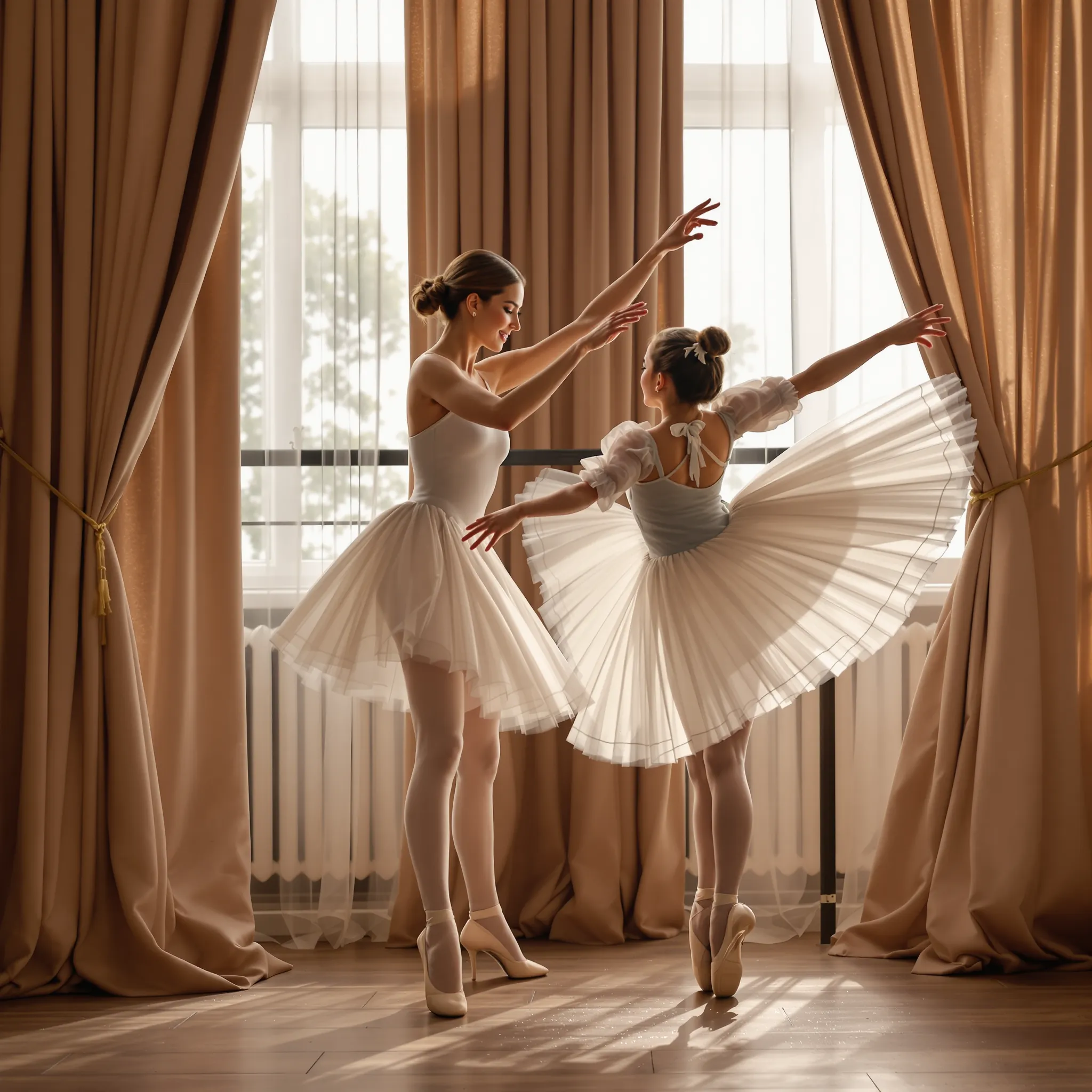A serene and elegant image of a mother figure as a ballerina with children, possibly in a dance studio or theater setting, suggesting grace and shared passion.