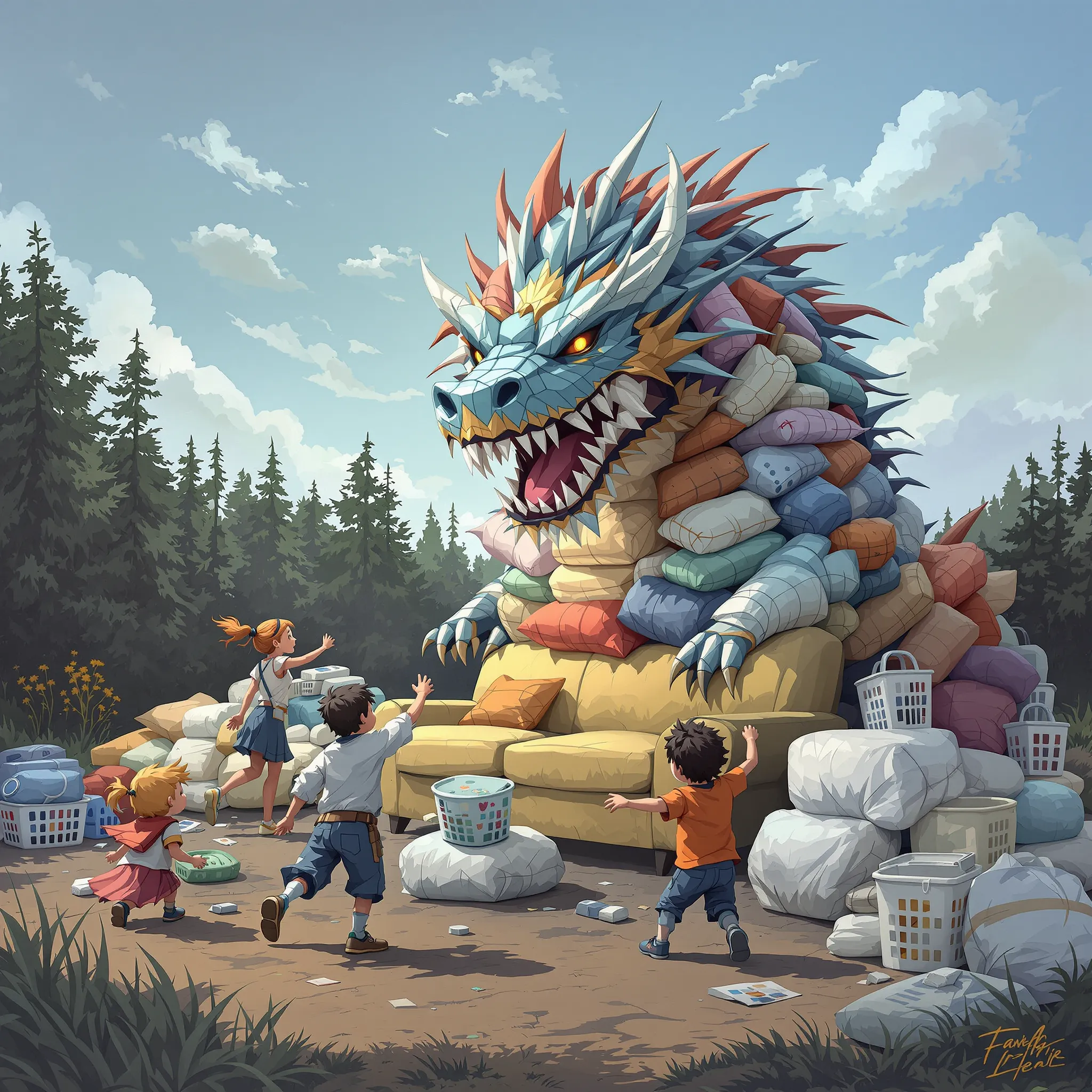 A whimsical and fantastical scene of a mother and children near a large, decorated dragon-like structure, possibly at a festival or imaginative event.