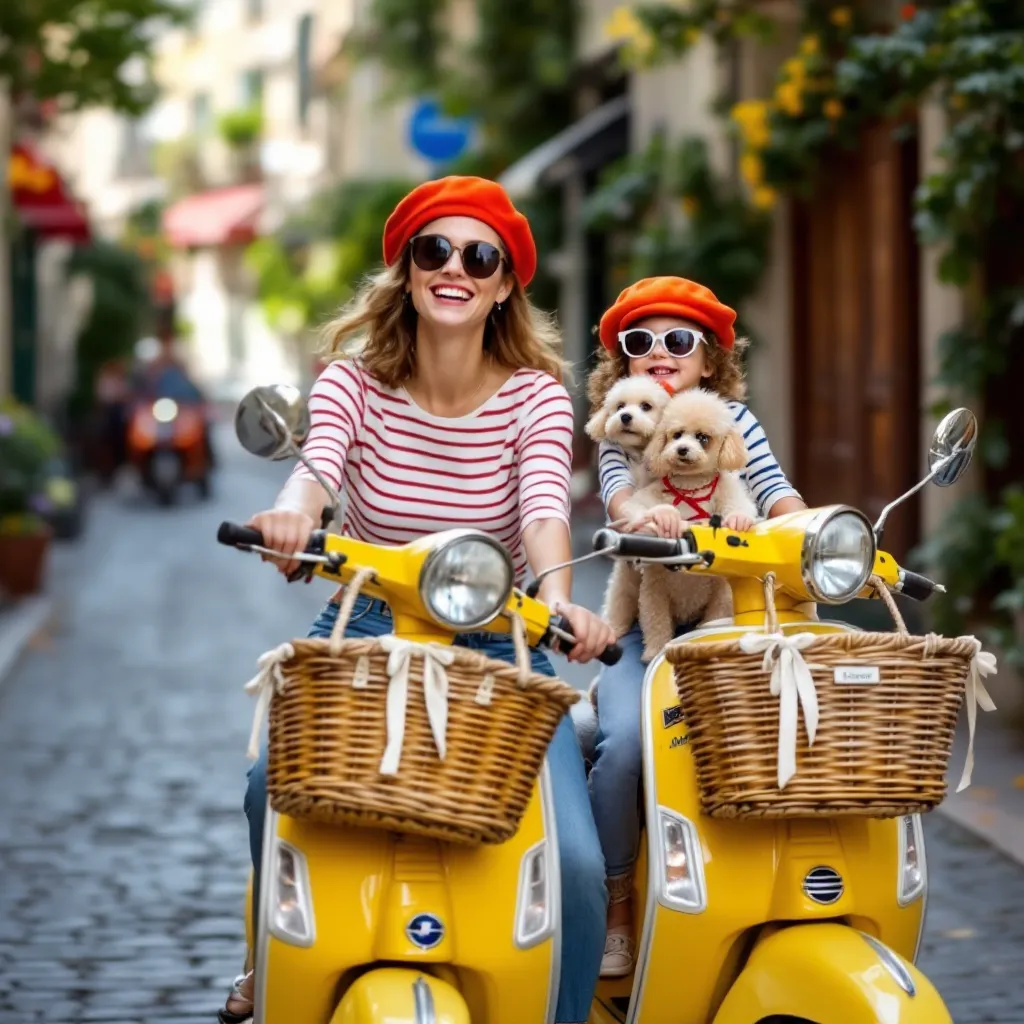 A vibrant street scene with a mother and children riding a decorated yellow scooter, conveying a sense of fun and togetherness during a festive occasion.