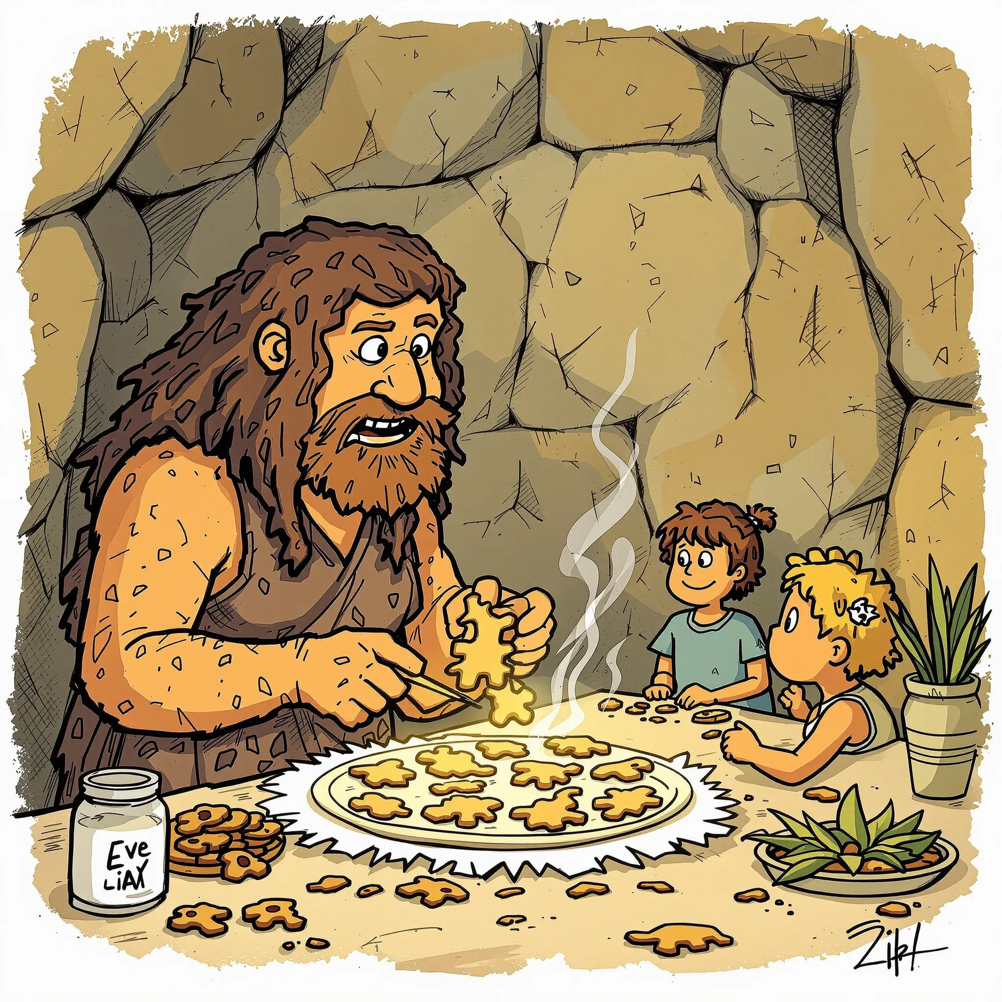 A whimsical illustration of a cavewoman mother and children gathered around a primitive meal, highlighting the enduring nature of maternal care.