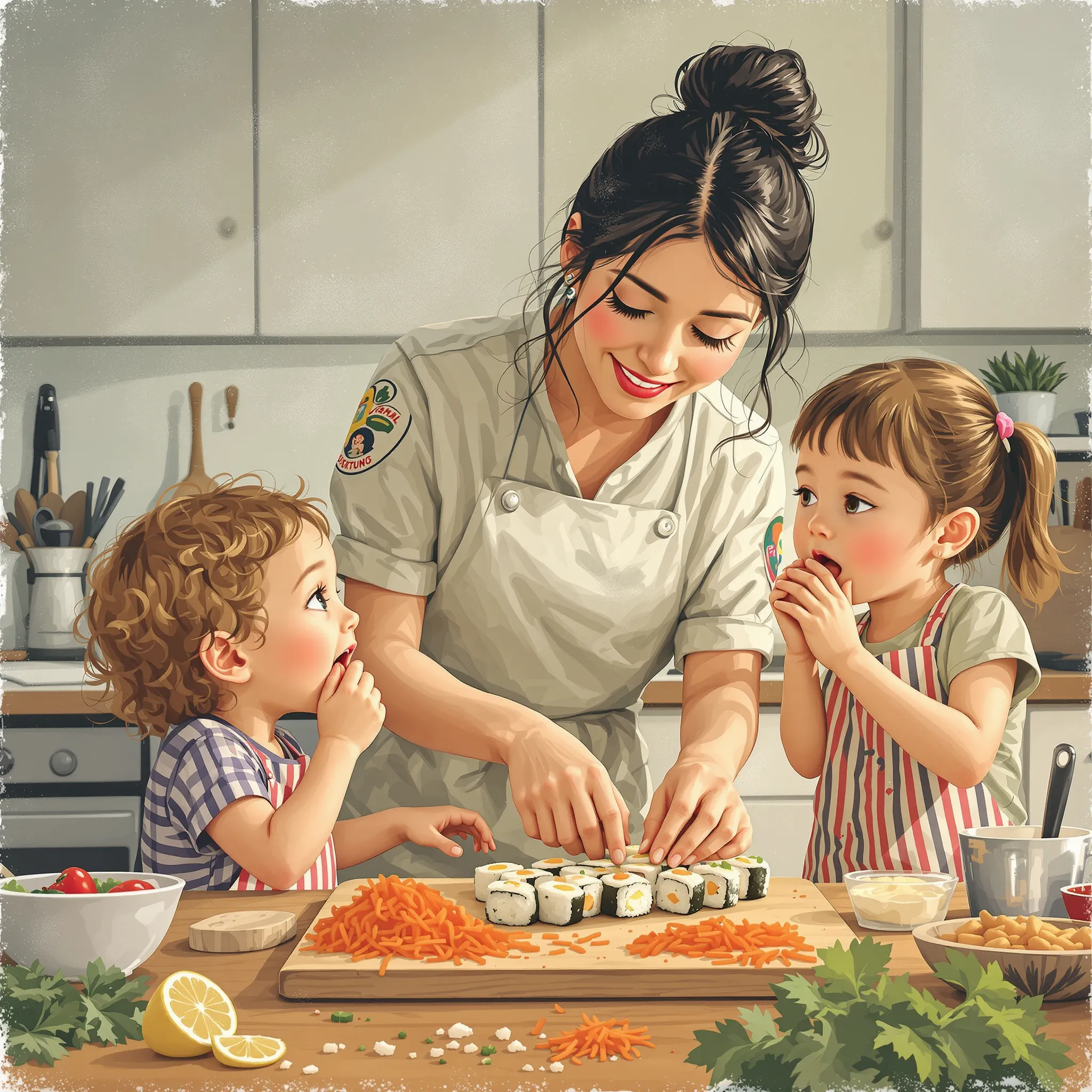 A warmly lit kitchen scene with a mother and several children preparing food together, emphasizing the nurturing aspect of motherhood in everyday life.