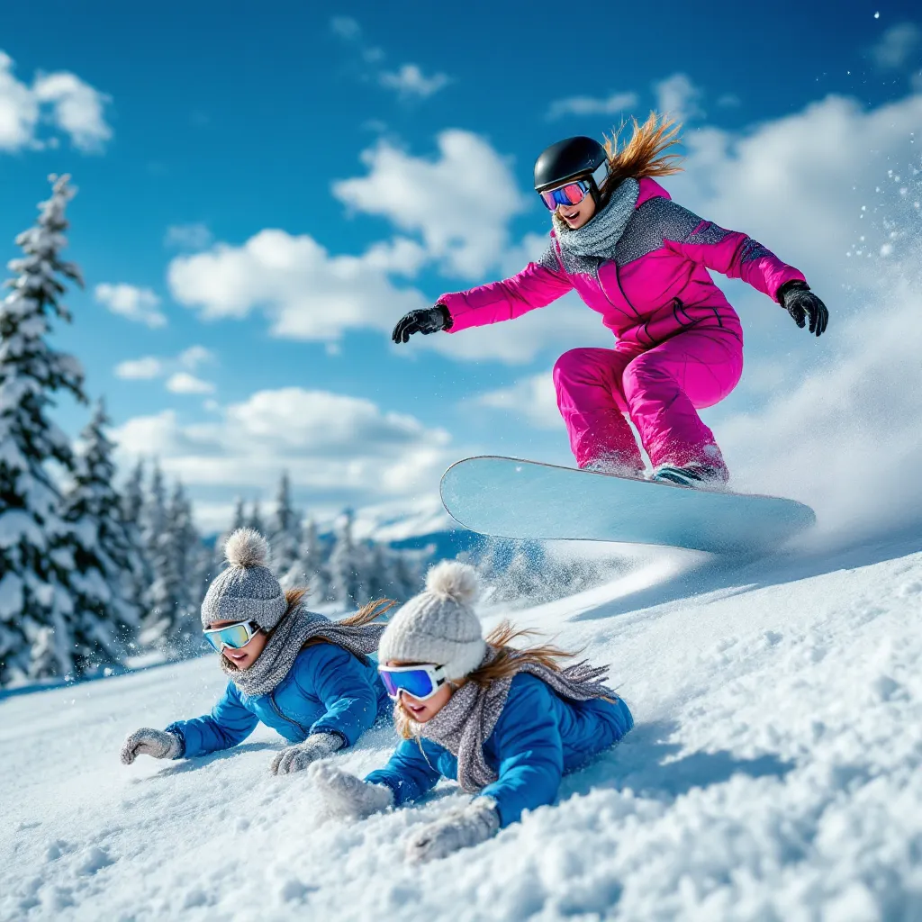An energetic winter scene of a mother and children snowboarding down a snowy mountain, showcasing shared outdoor activities and thrills.