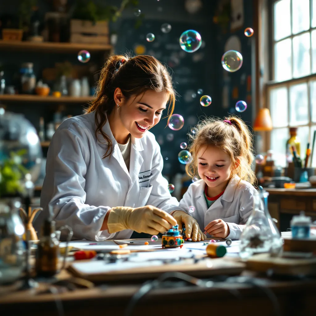 A warmly lit indoor scene of a mother and children engaged in a creative activity at a table, surrounded by art supplies and a sense of joyful collaboration.