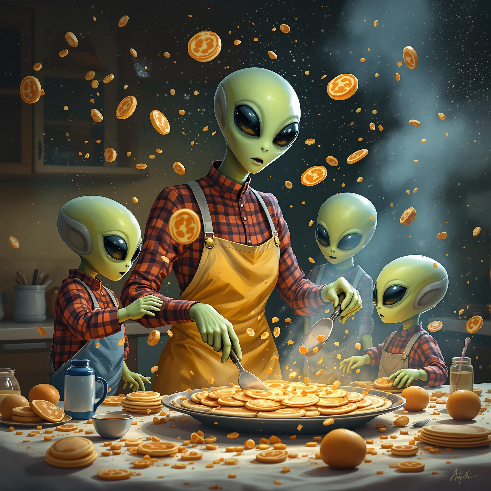 A playful and imaginative scene of a mother figure with friendly alien creatures, sharing a meal or treat in a brightly colored, otherworldly setting.
