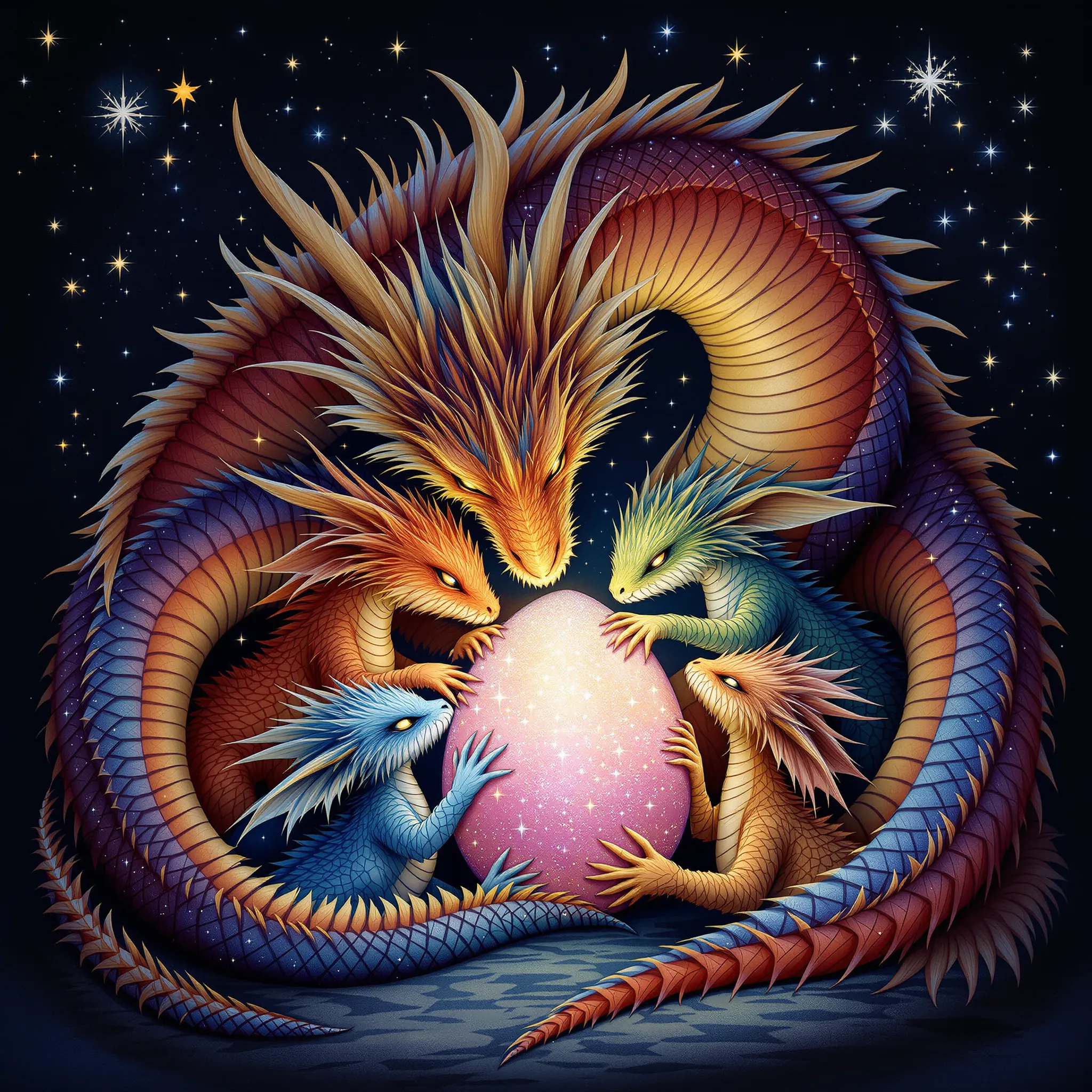 A vibrant and fantastical illustration of a mother dragon curled protectively around her young, nestled amongst sparkling stars and a cosmic backdrop.