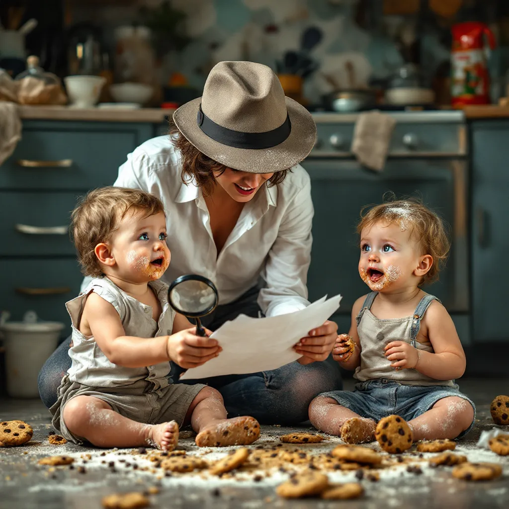 A cozy and rustic indoor scene of a mother and children gathered at a table, possibly baking or enjoying a simple meal together in a warmly lit setting.