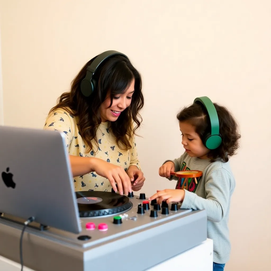 A modern and brightly lit scene of a mother and children interacting with a digital drawing tablet, suggesting shared creativity and learning.