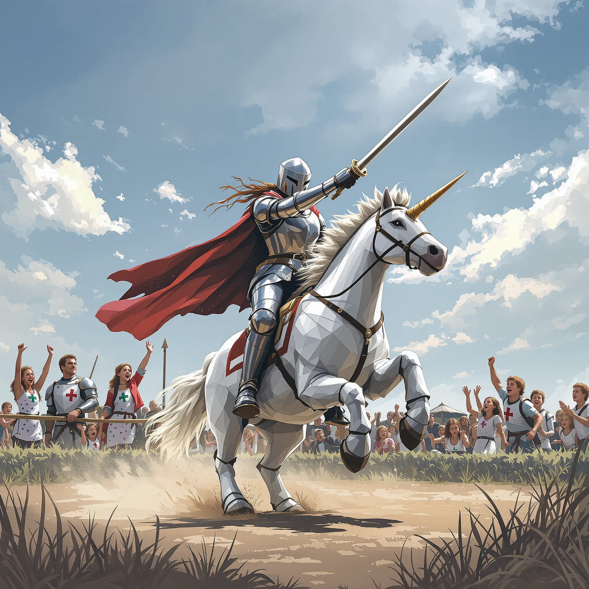A heroic and imaginative illustration of a mother figure as a knight riding a majestic creature, leading a group of smaller figures into a fantastical landscape.