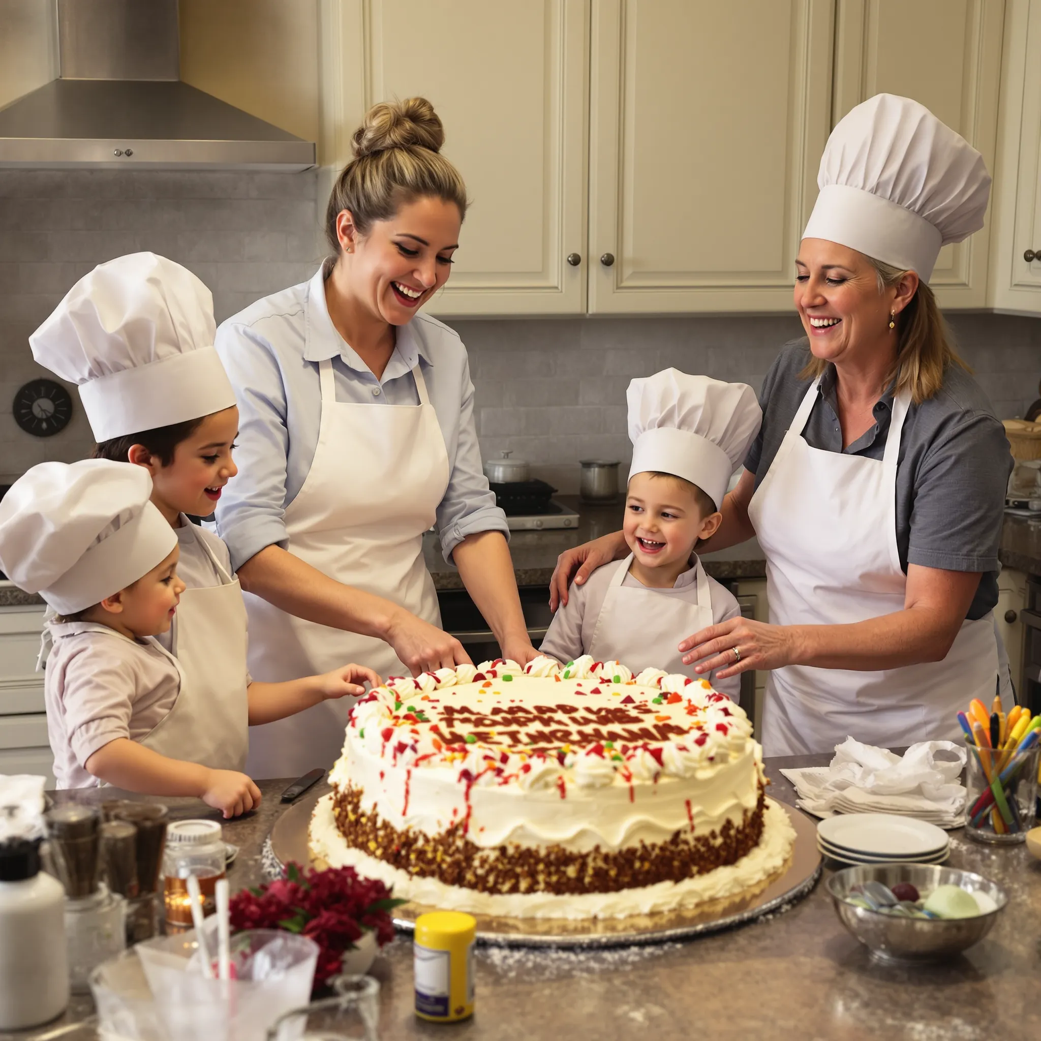 A brightly lit kitchen scene with a mother and several children wearing chef hats, decorating a cake together with frosting and sprinkles, conveying a sense of teamwork and celebration.