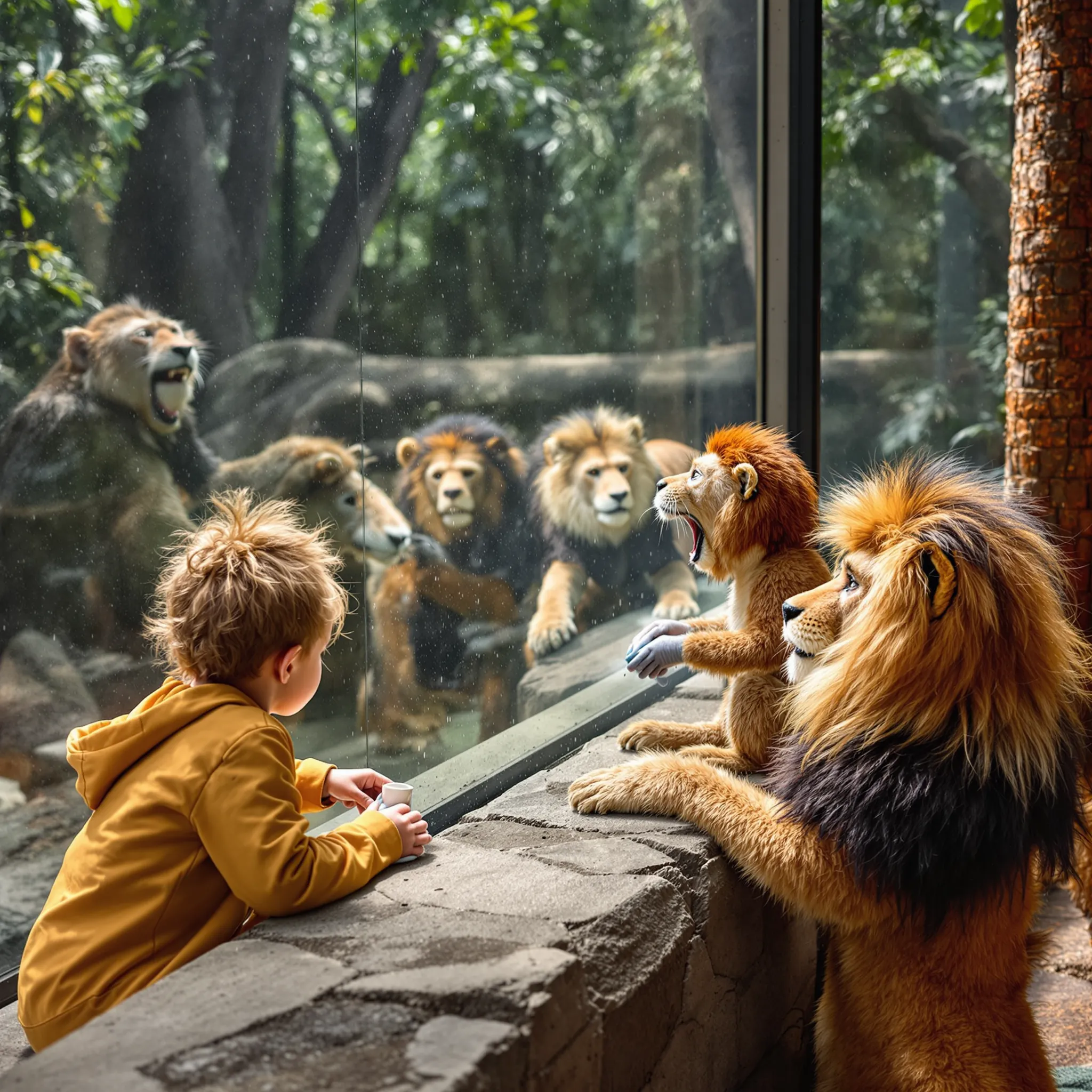 A vibrant outdoor scene with a mother and children observing lions at a zoo or wildlife park, suggesting shared curiosity and learning about nature.