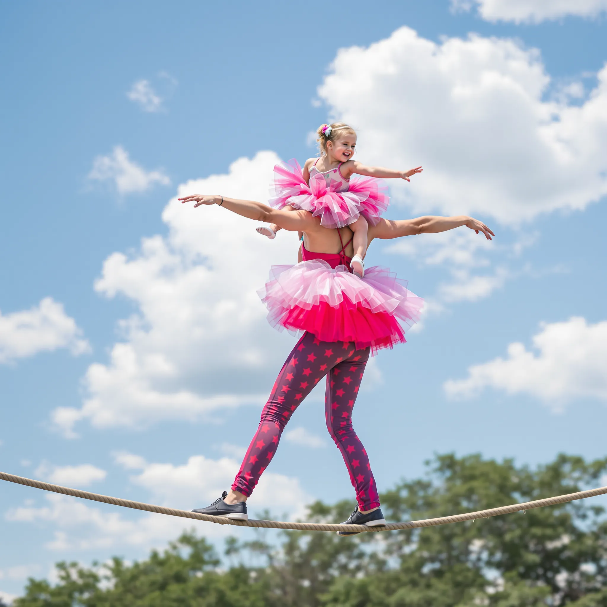 A whimsical and slightly surreal image of a mother figure gracefully walking on a tightrope high above a landscape with children watching below, symbolizing balance and courage.