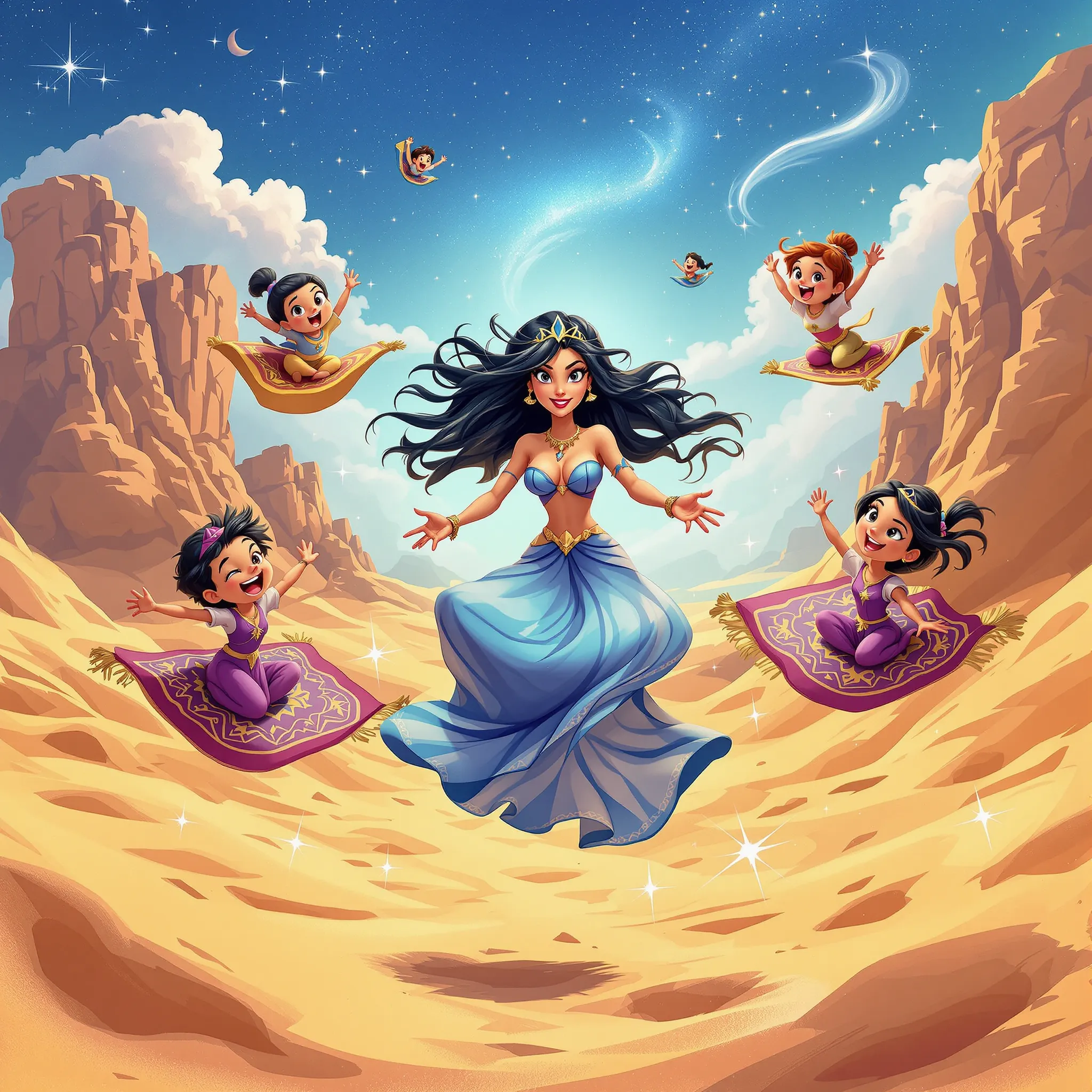 A fantastical and colorful illustration of a mother figure as a magical being surrounded by children in a whimsical, dreamlike landscape with floating elements.