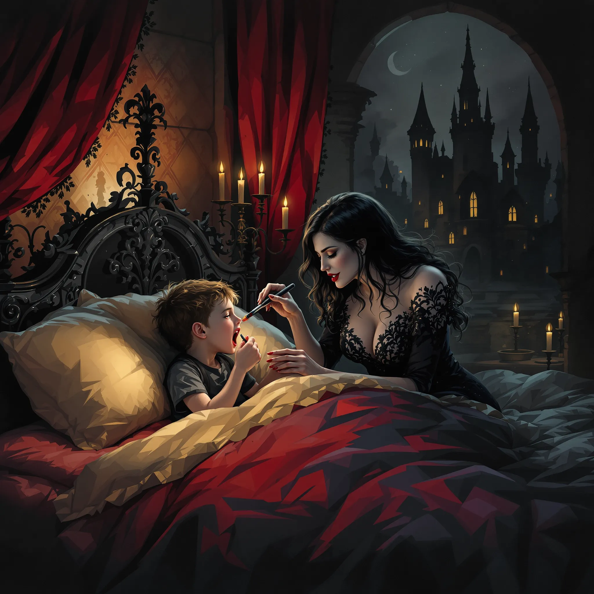 A dramatic and slightly mysterious scene of a mother figure protecting children in a dark, possibly mythical or storybook setting with shadowy figures.