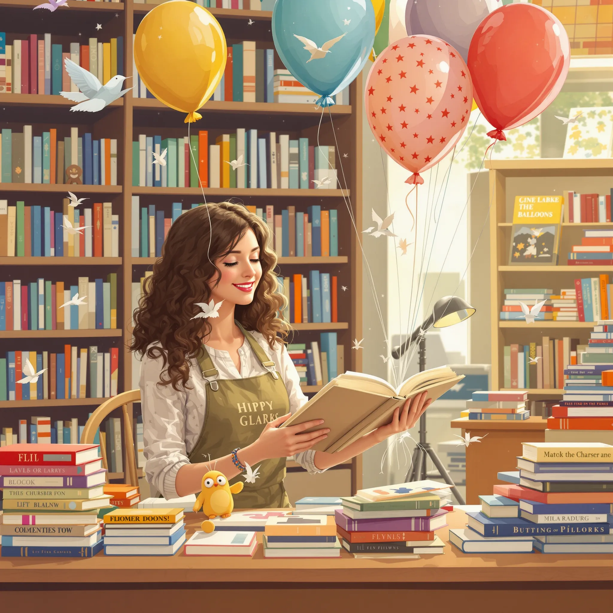 A warmly lit scene of a mother reading to children surrounded by stacks of books and floating heart-shaped balloons, emphasizing the joy of shared stories and learning.