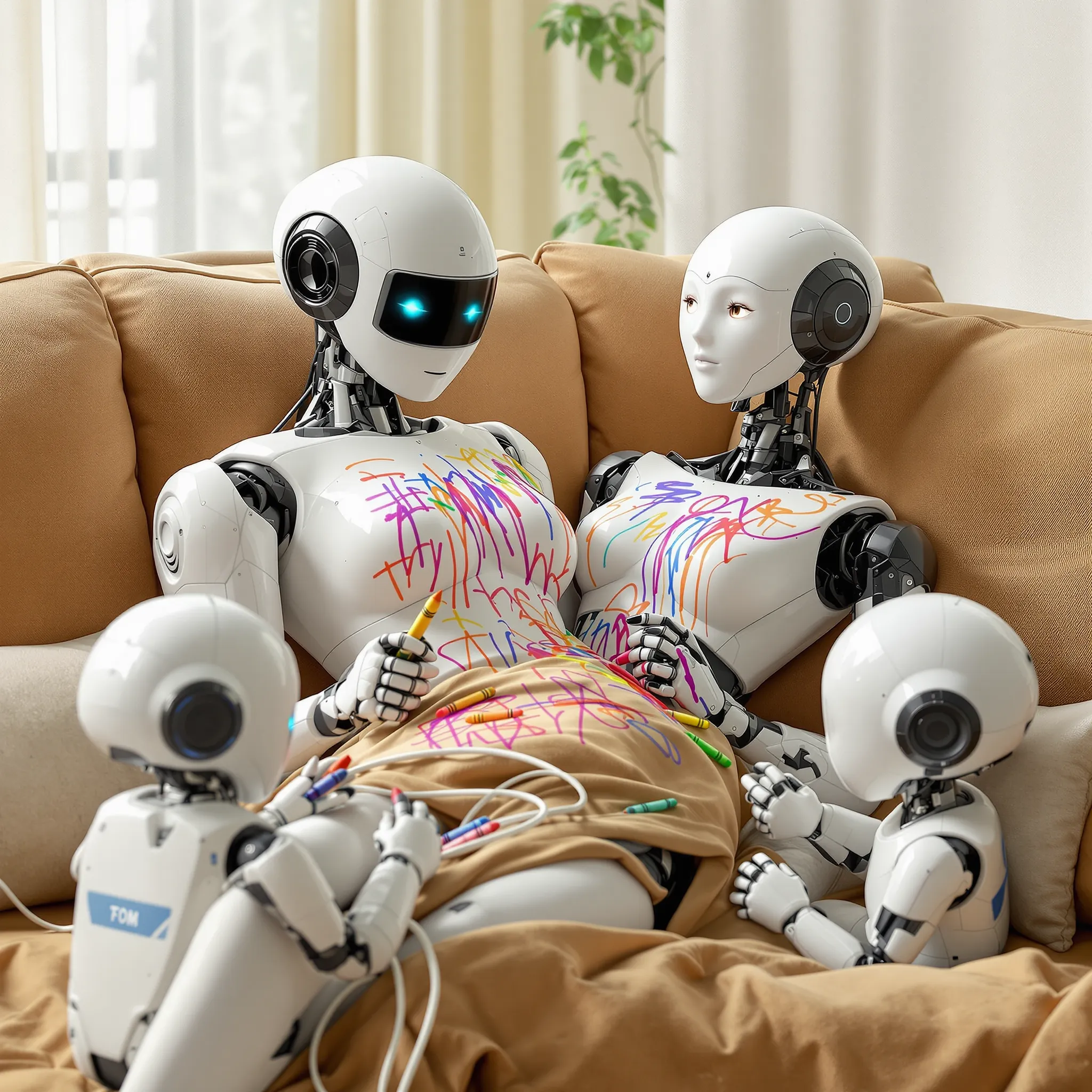 A whimsical and futuristic scene of a mother figure robot surrounded by smaller robot children, conveying a sense of artificial intelligence and nurturing in a modern context.