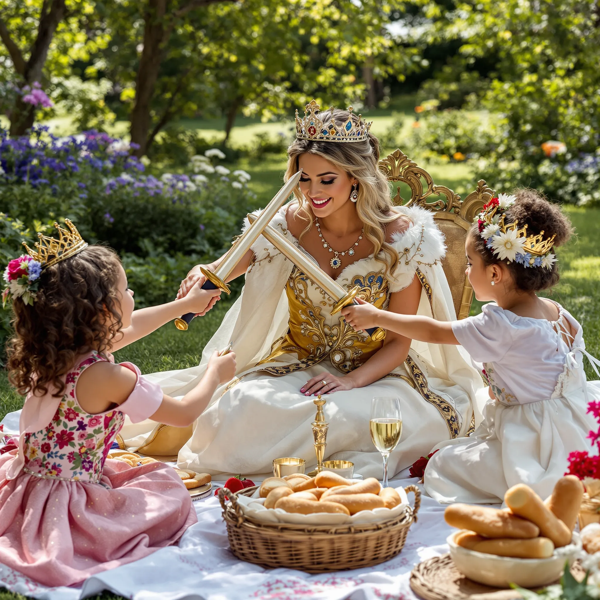 A serene outdoor scene of a mother and children having a picnic in a lush garden setting, emphasizing togetherness and enjoying nature.