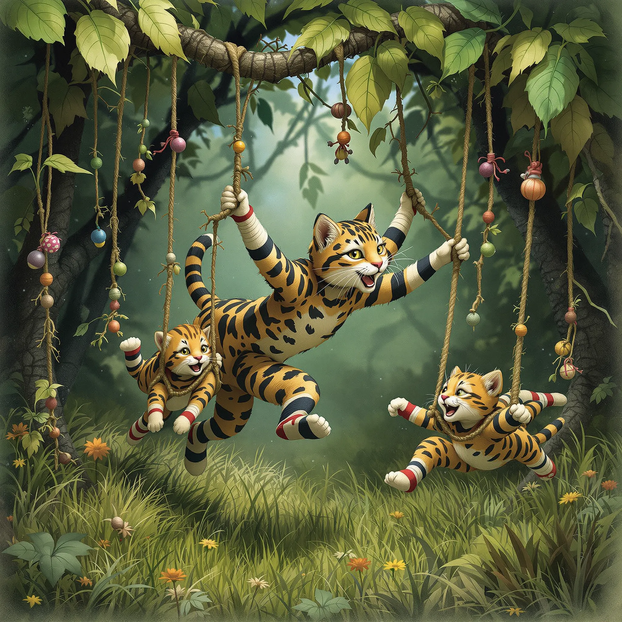 A dynamic and imaginative scene of a mother figure swinging through a jungle-like environment with children playfully interacting with animals.