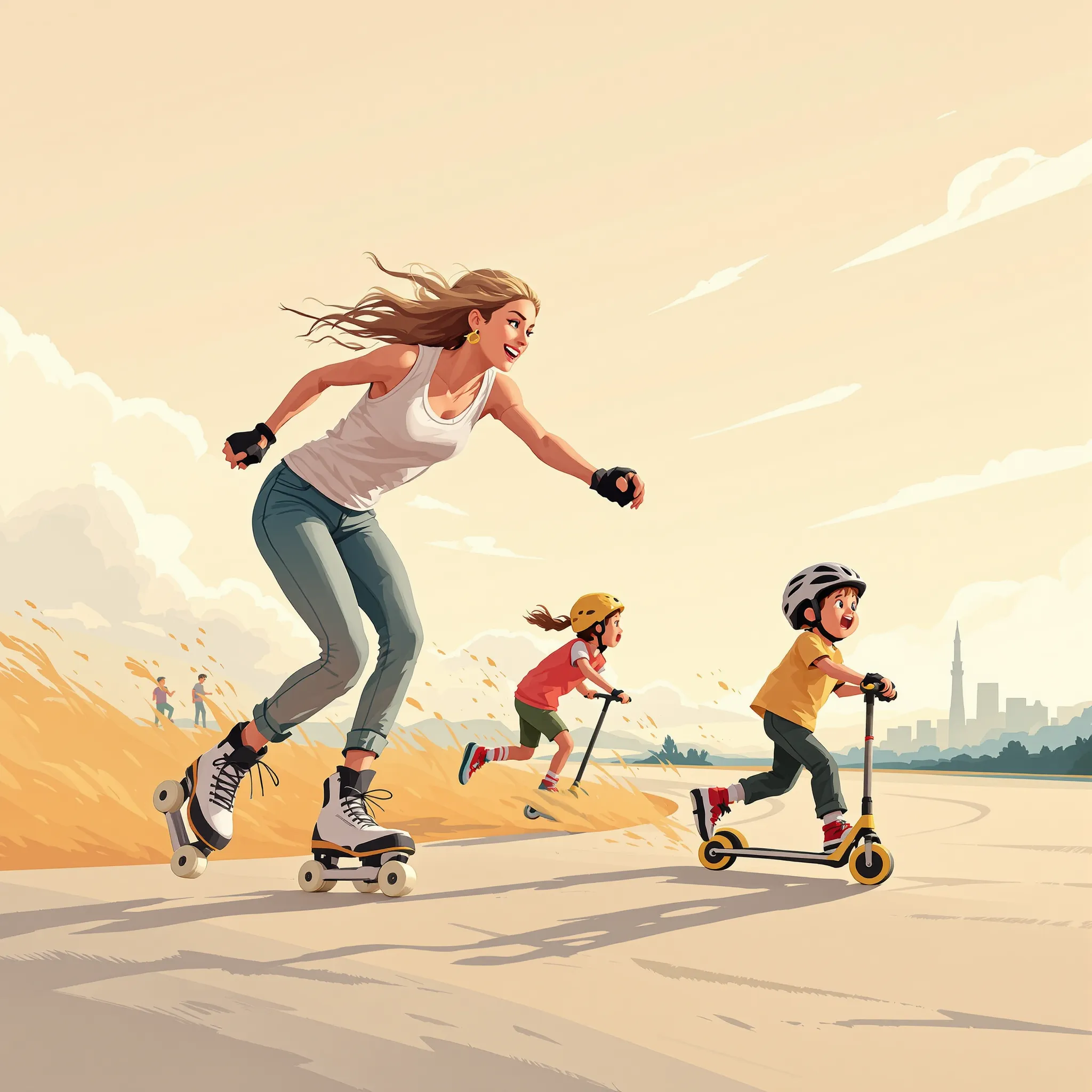 A stylized and sunny outdoor scene of a mother and children roller skating together on a paved path, conveying a sense of freedom and shared activity.