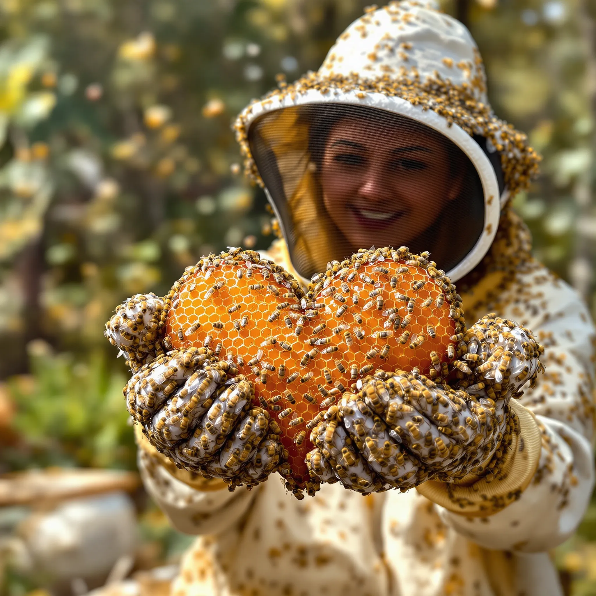 A person in a beekeeper suit and hat gently holds two honeycomb frames covered in bees, smiling warmly at the viewer. The background is blurred greenery.
