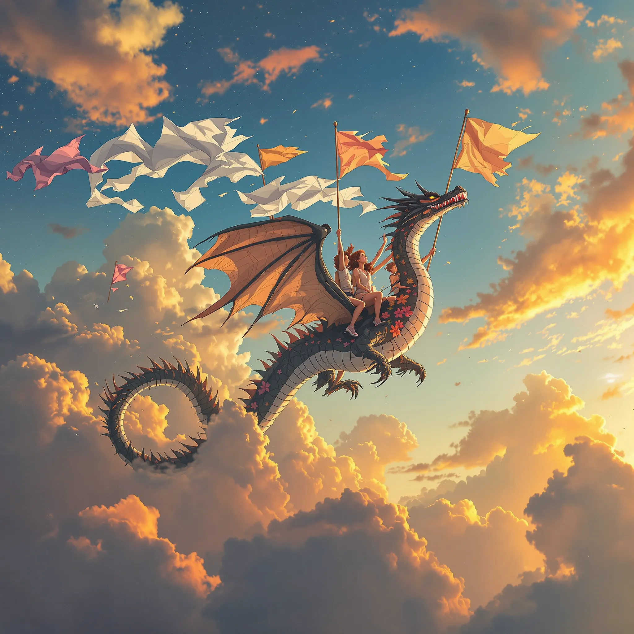 A fantastical illustration of a small dragon soaring through a vibrant sunset sky filled with fluffy clouds and kite-like creatures.