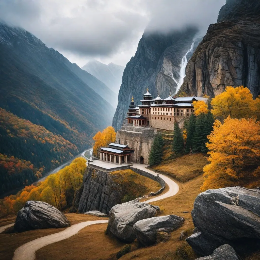 A serene monastery nestled in a mountain valley