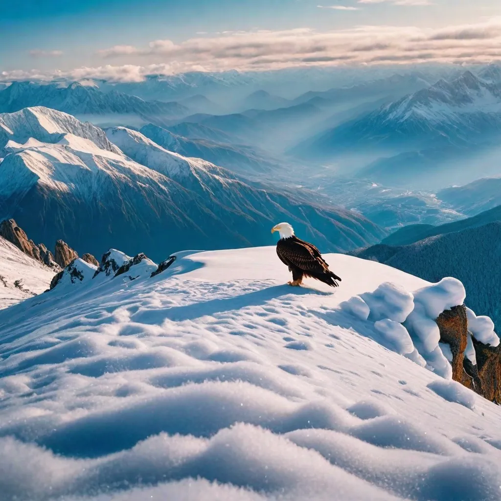 A majestic eagle perched on a snow-capped mountain peak