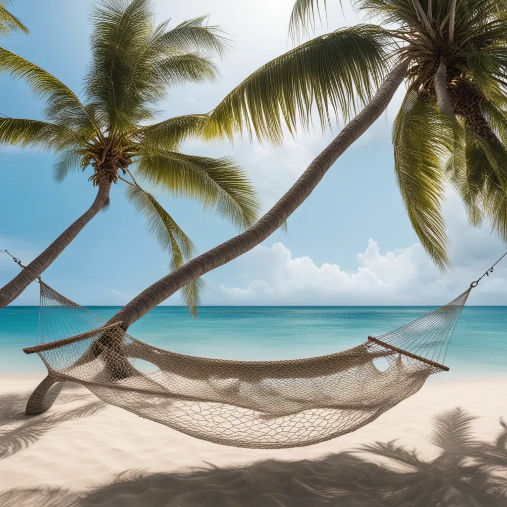 A hammock hanging between palm trees on a tropical beach