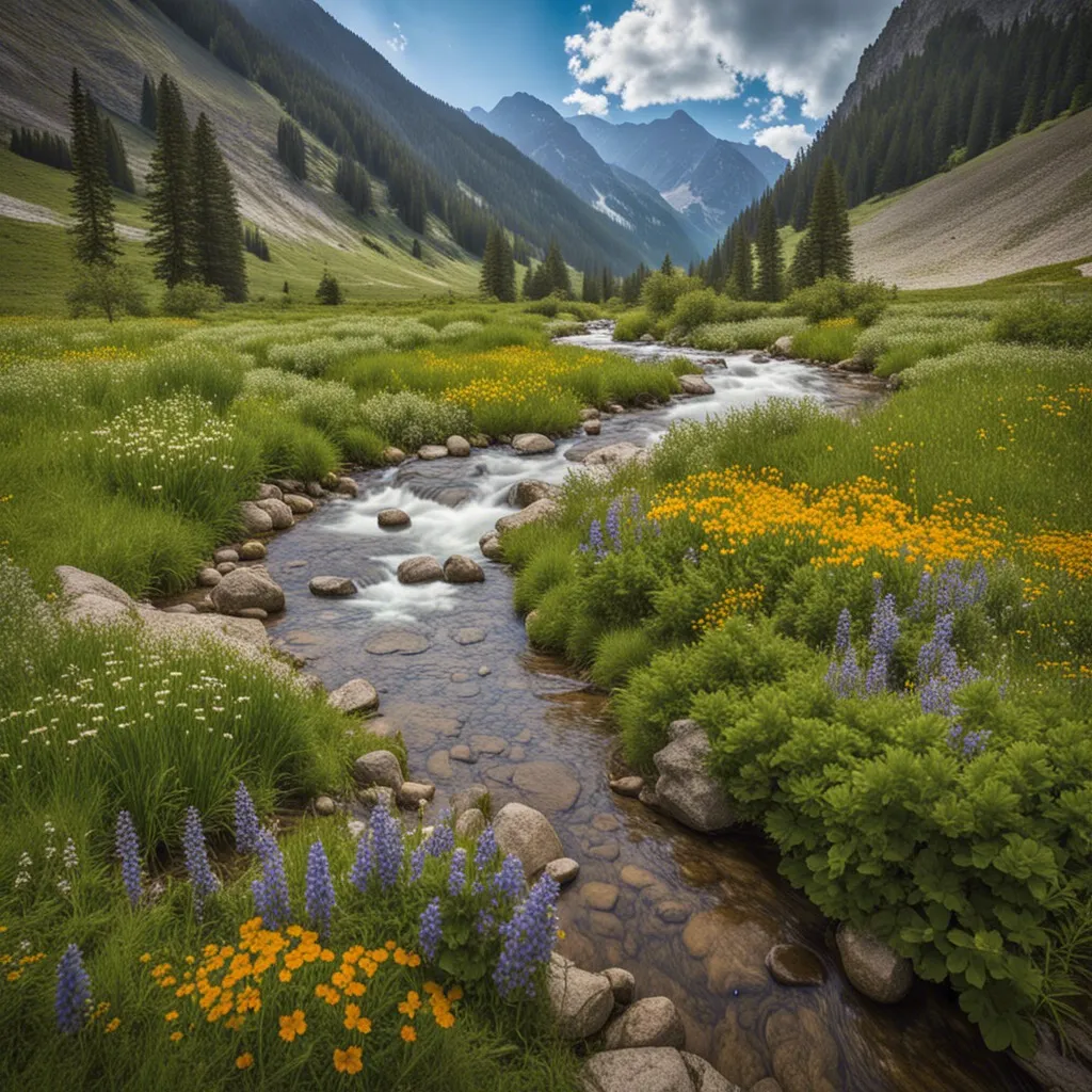 A crystal-clear stream flowing through a mountain valley