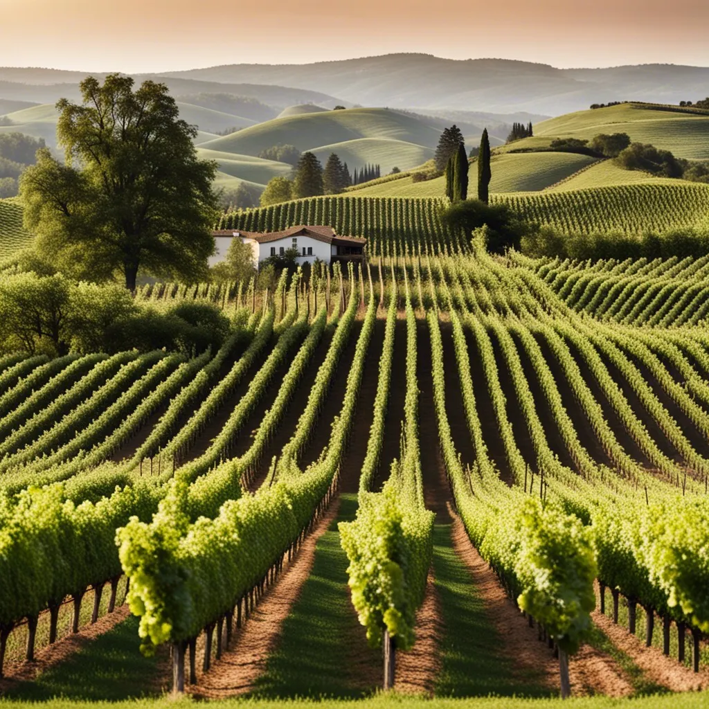 A picturesque Tuscan vineyard with rolling hills and a villa