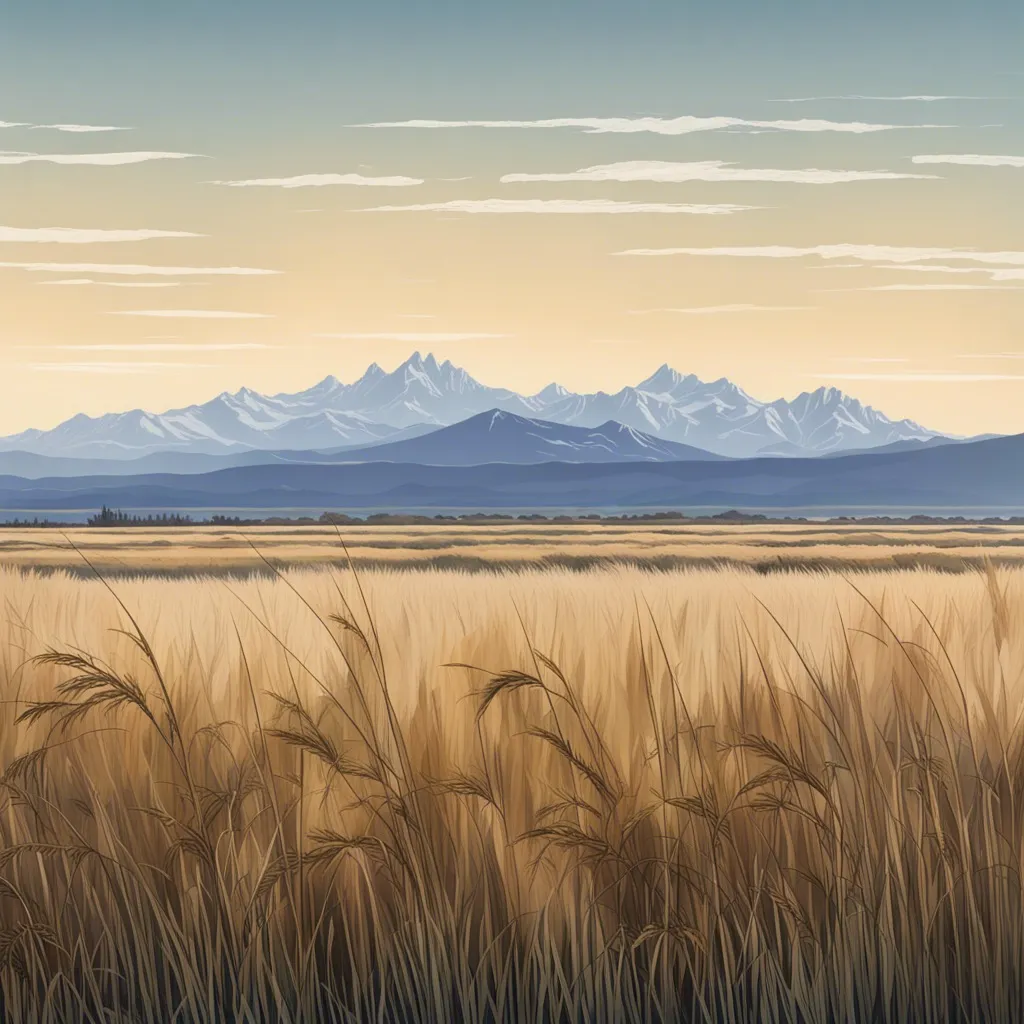 A golden wheat field stretching towards a distant mountain range