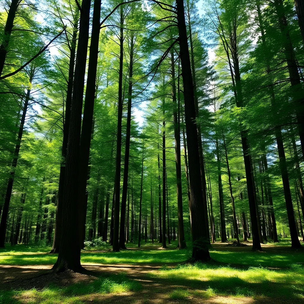 A vibrant green forest with tall trees