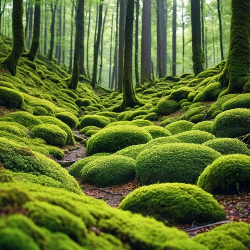 A lush, green forest with moss-covered rocks and trees