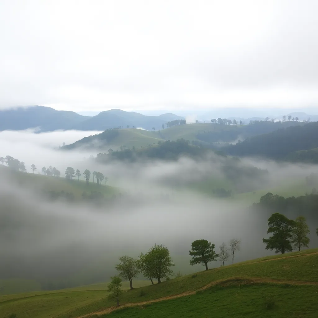 A misty mountain landscape with rolling hills and fog