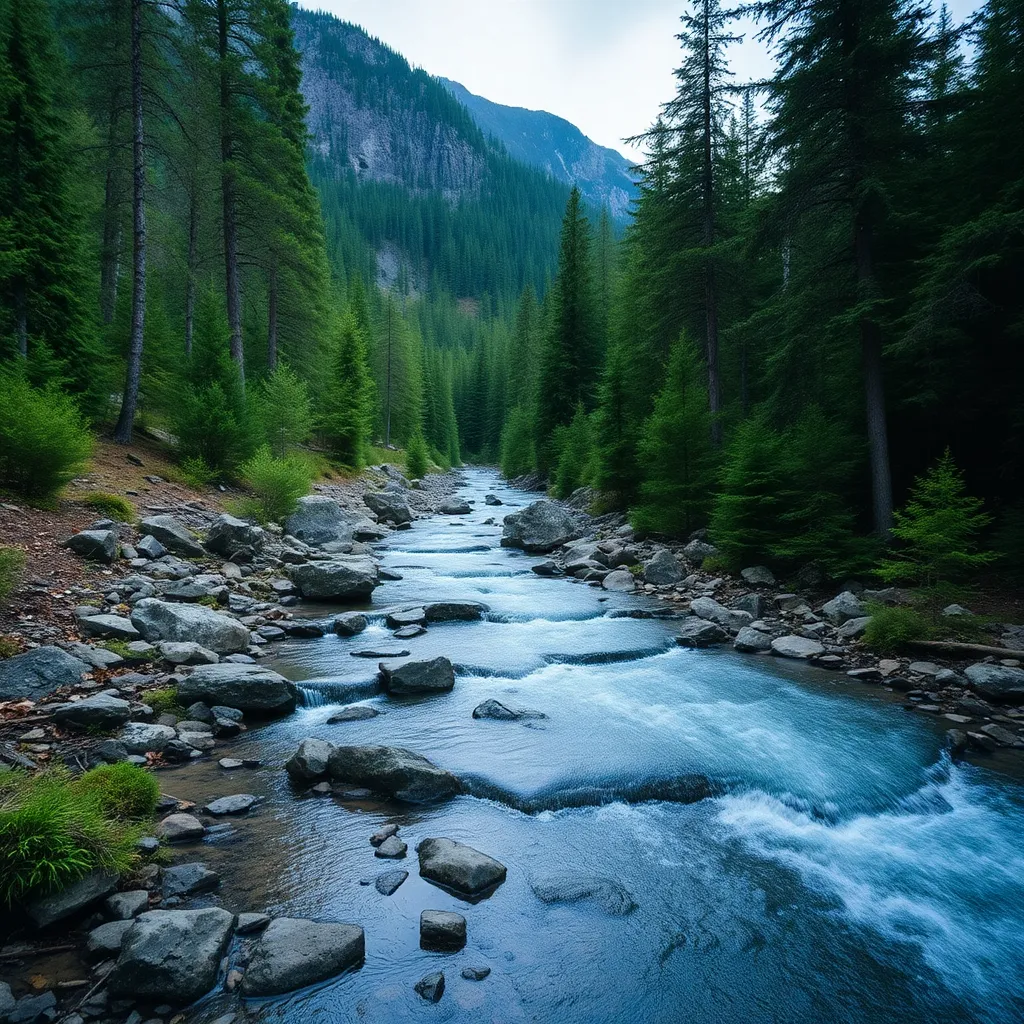 A crystal-clear stream flowing through a rocky mountain valley