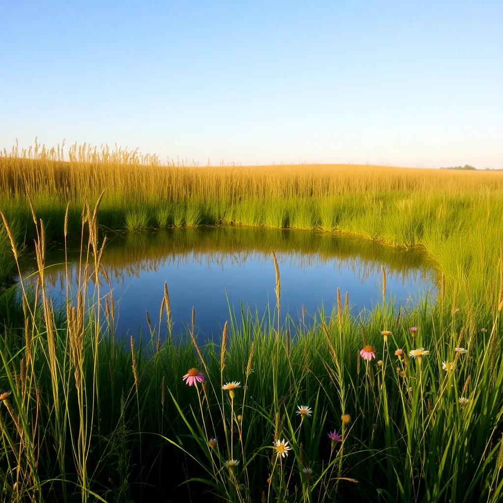 A small pond surrounded by lush green grass