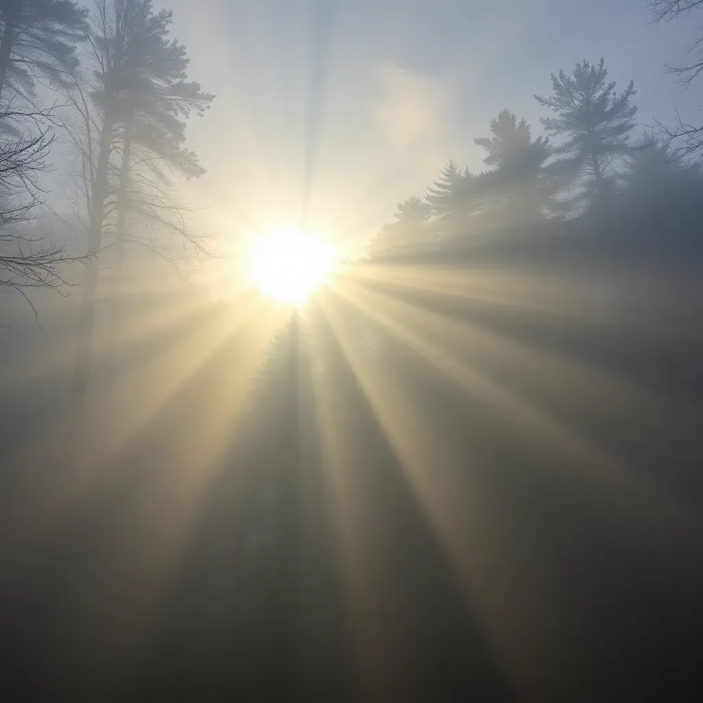 Sunbeams piercing through a foggy forest