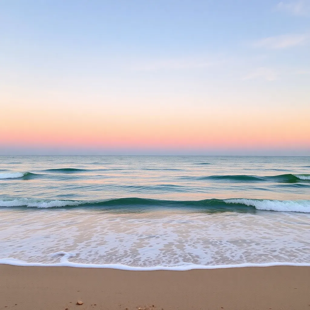 Waves crashing on a sandy beach at sunset