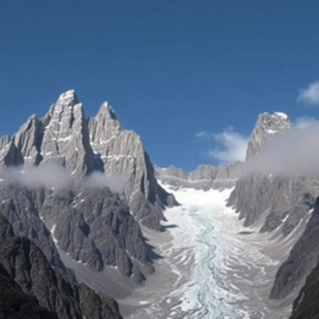 Snow-capped mountain peaks with a glacier