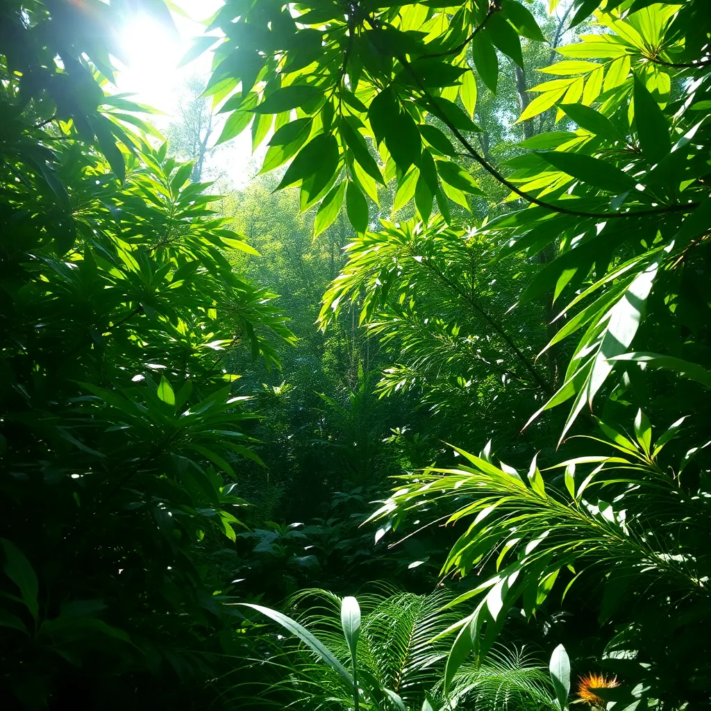 Dense green forest with sunlight filtering through the leaves