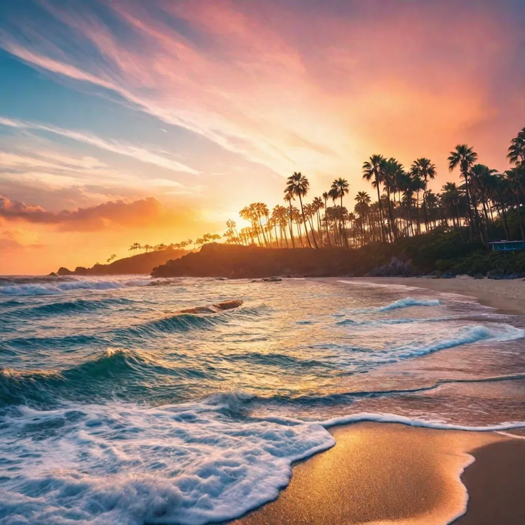 A stunning sunset over a tropical beach with palm trees