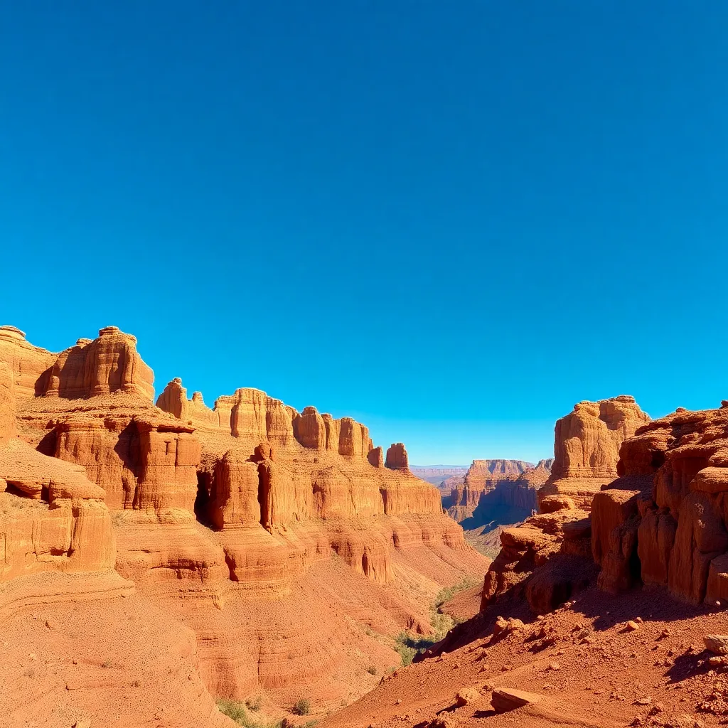 A stunning red rock canyon under a clear blue sky