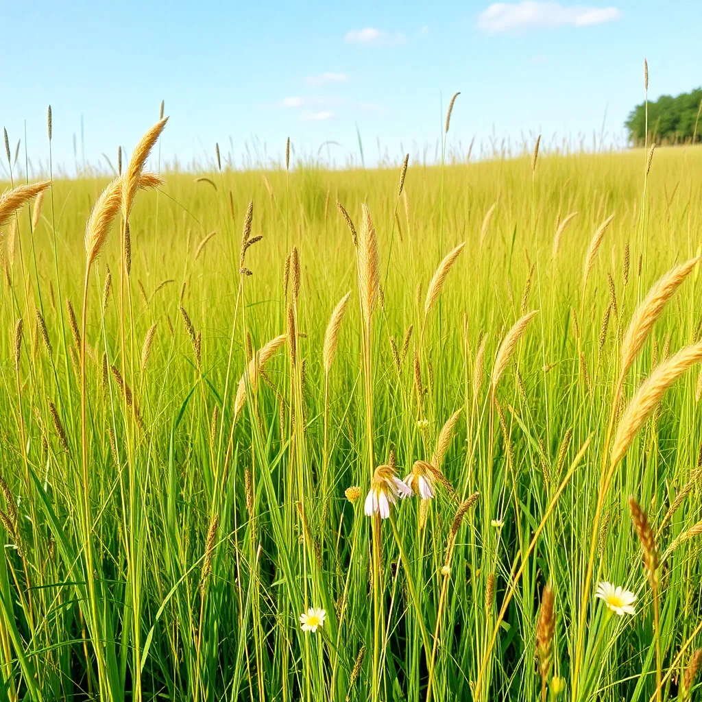 A field of green grass with wildflowers