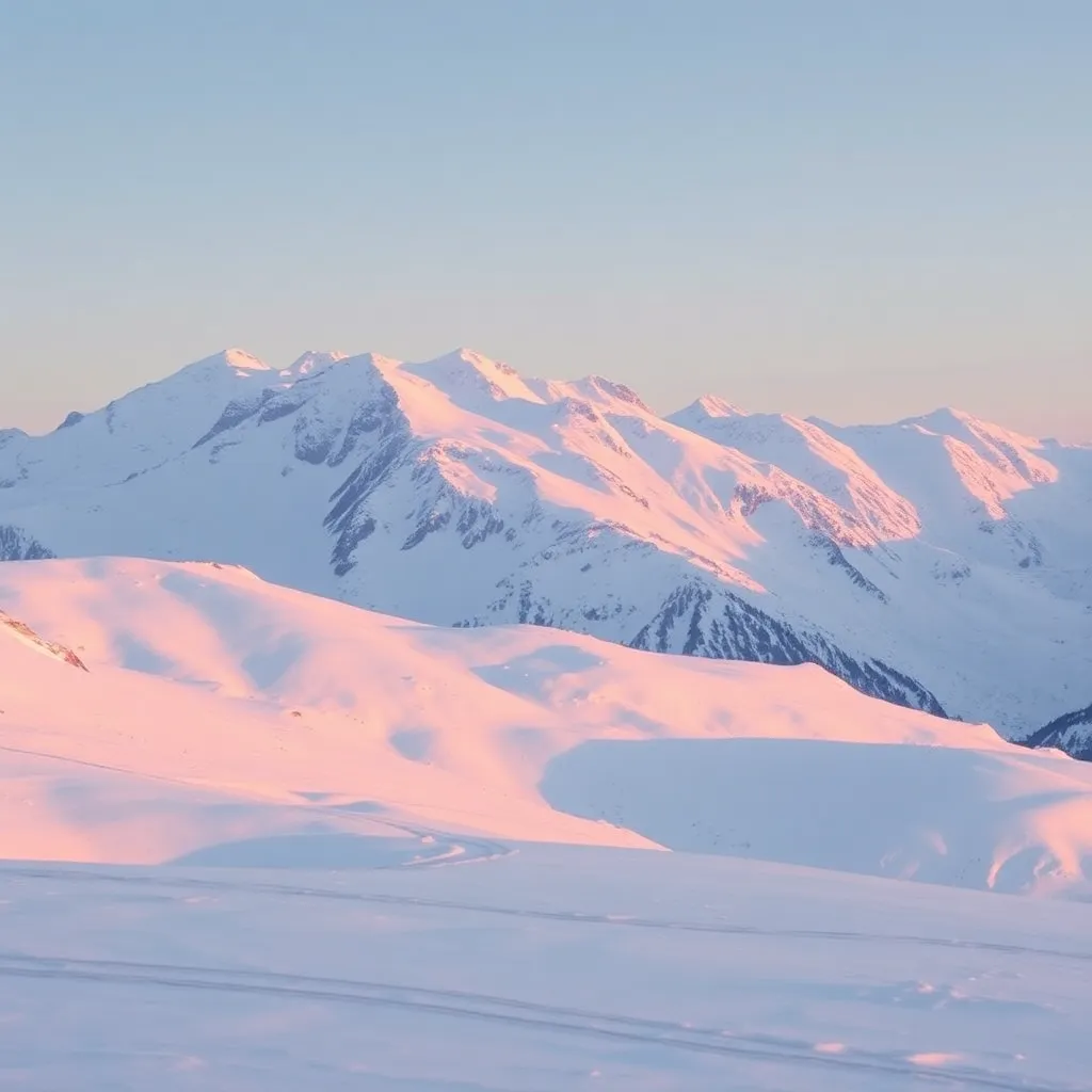 A snow-capped mountain peak at sunrise